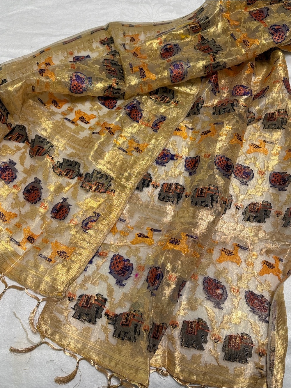 Metallic Gold Sheer Scarf with Elephant & Floral Motifs